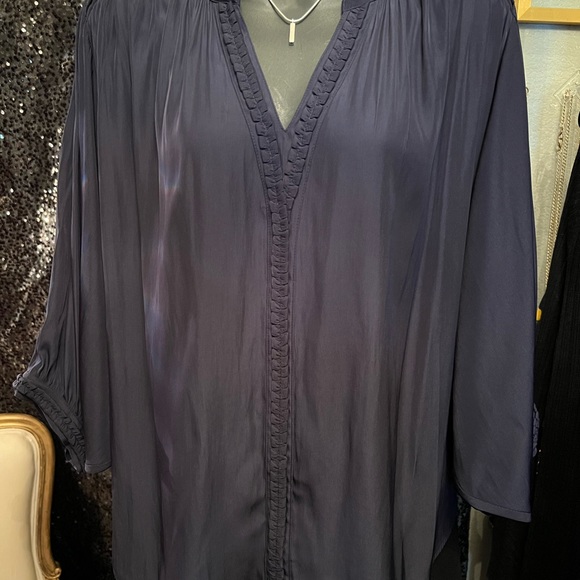 ***S O L D*** Classic Navy Blue Blouse with Bat Wing Sleeves and Braided Trim - Picture 6 of 13